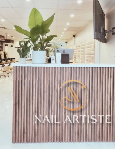 a reception desk in a beauty salon